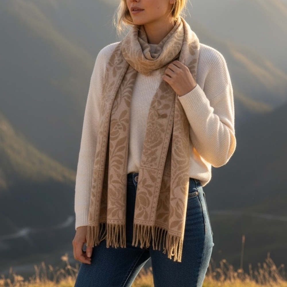 NWT Made in Italy Charter Club Tan Beige Fringe Accent Floral Border Scarf Wrap